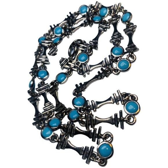 Blue Turquoise Silver Tone Station Vintage Bohemian Minimalist Necklace 27” - Picture 12 of 13